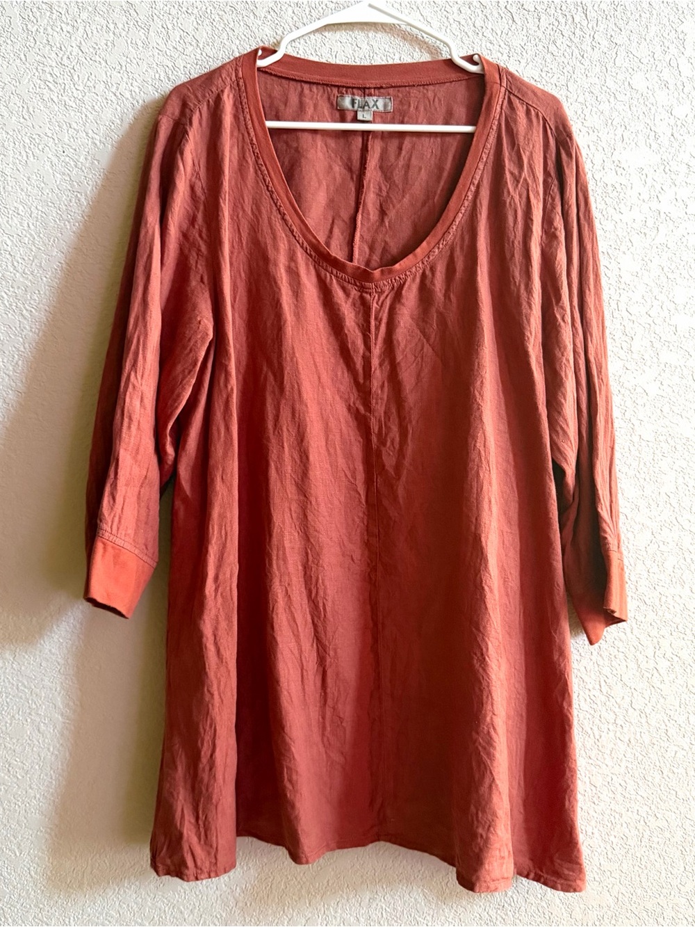 FLAX‎ Orange Linen Asymmetrical Tunic Top Size L 3/4 Sleeve Scoop Neck Coastal